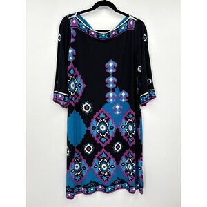 New Directions Stretch Printed Shift Dress Black Purple Blue Size 16 NEW